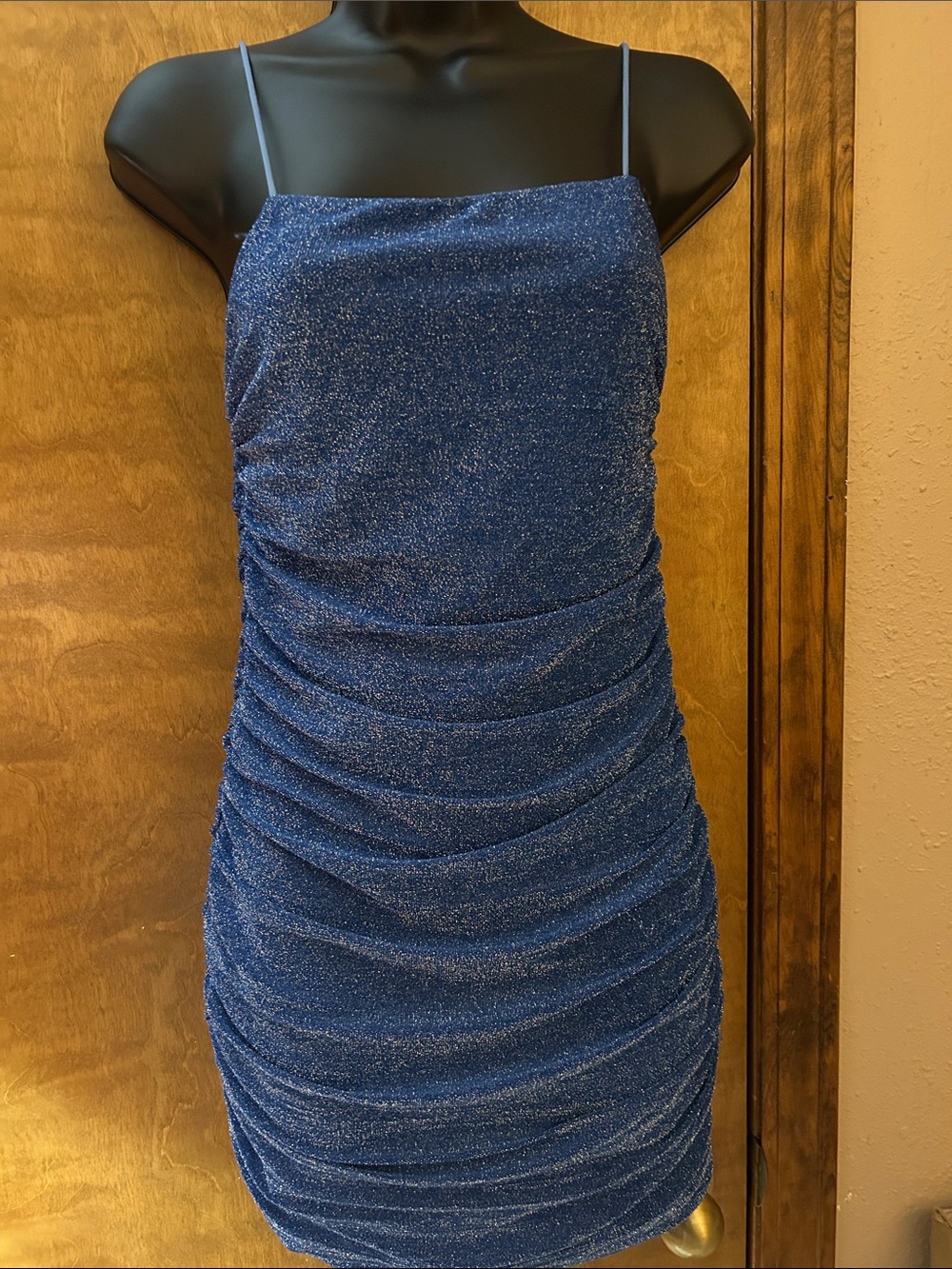 Blue Glitter Ruched Spaghetti Strap Dress - Homecoming